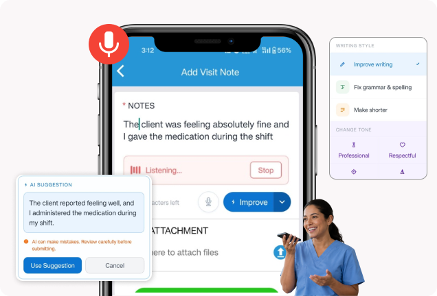 CareSmartz360 caregiver management software with AI-assisted notes and voice-to-text documentation features