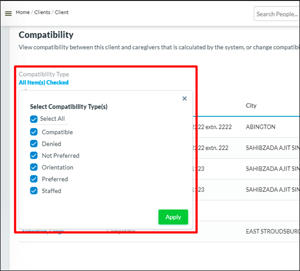 Compatibility Type filter added in the Compatibility screen on Client profiles