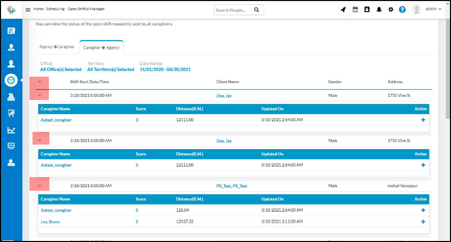 ability to expand rows to view more details under “Caregiver Agency” tab