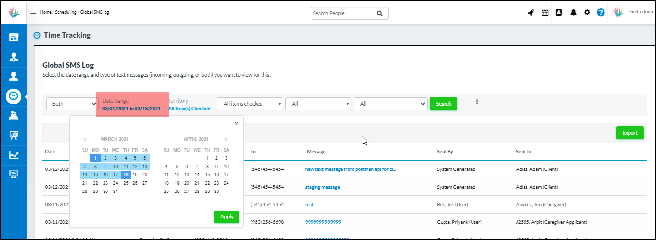 Territory filter added on Global SMS Log- CareSmartz360 march update