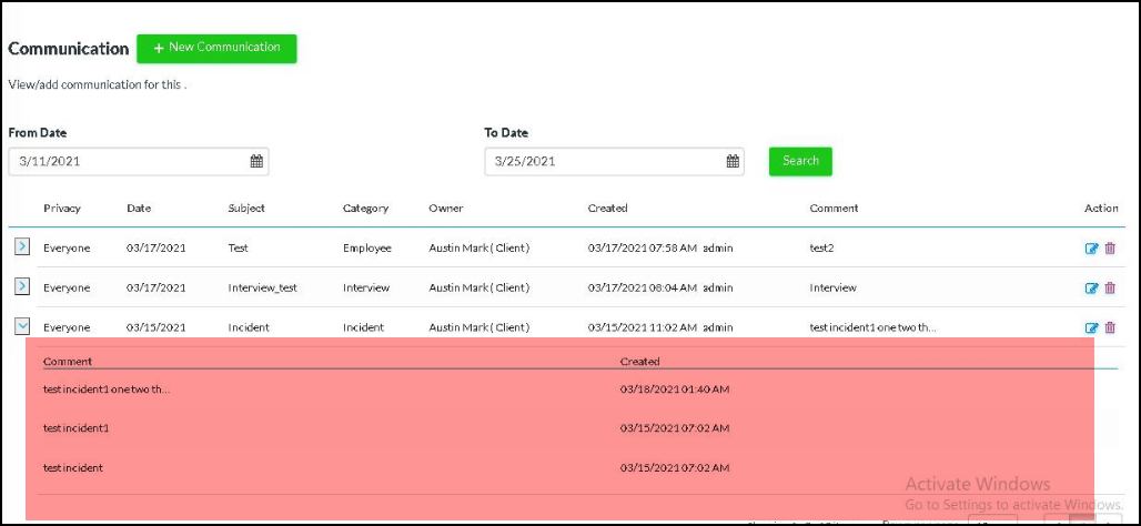 Able to view Comments from Communication logs in a user profile