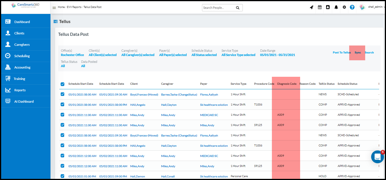 able to see Diagnosis code column on the TELLUS Data posted screen