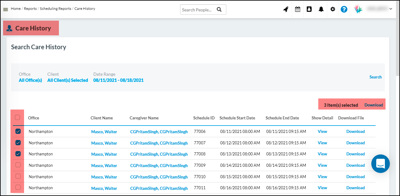 Ability to Download multiple records at once in Care History Report