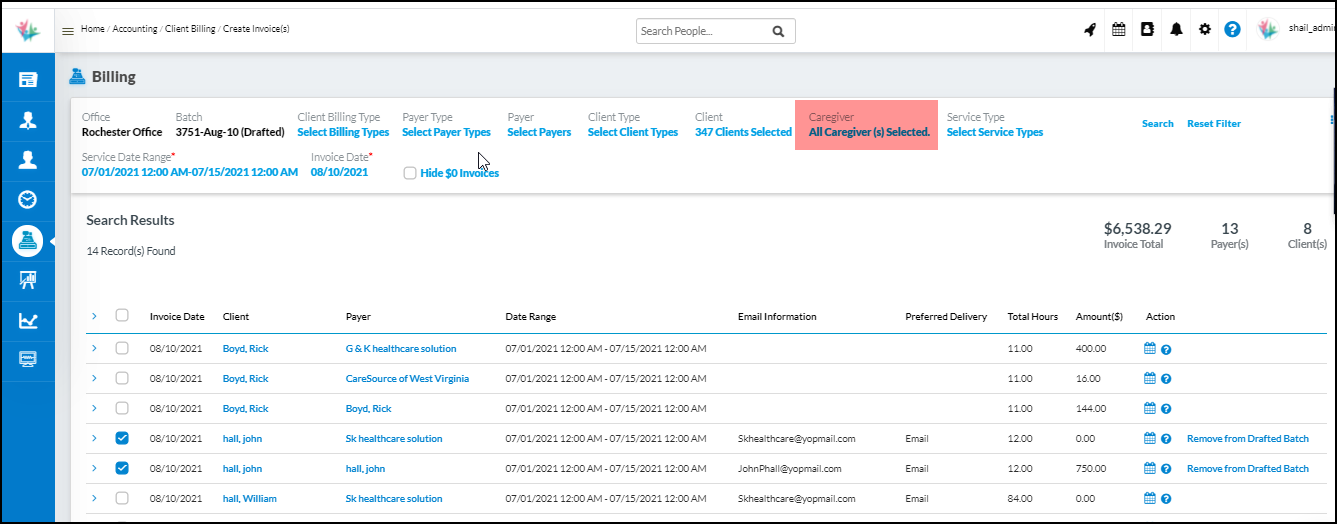 Ability to filter by a caregiver in the invoicing section