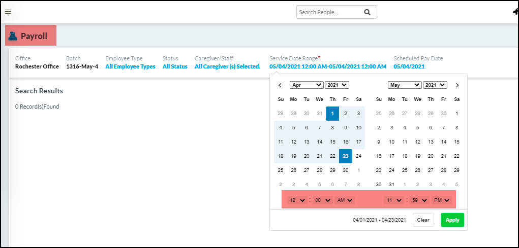 Service Date Range field will now have Start Time and End Time controls