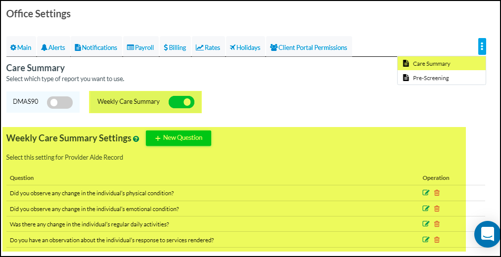 Introduced Weekly Care Summary Report.in the office settings