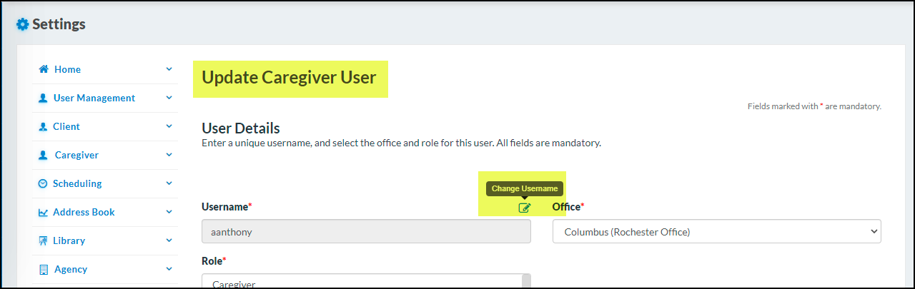 Allow to update of usernames in agency user-CareSmartz360 update