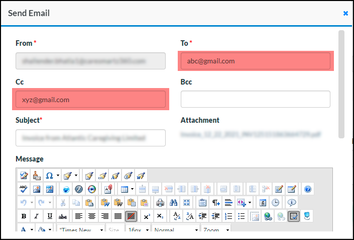 Email pop-up on the Finalized Invoice screen