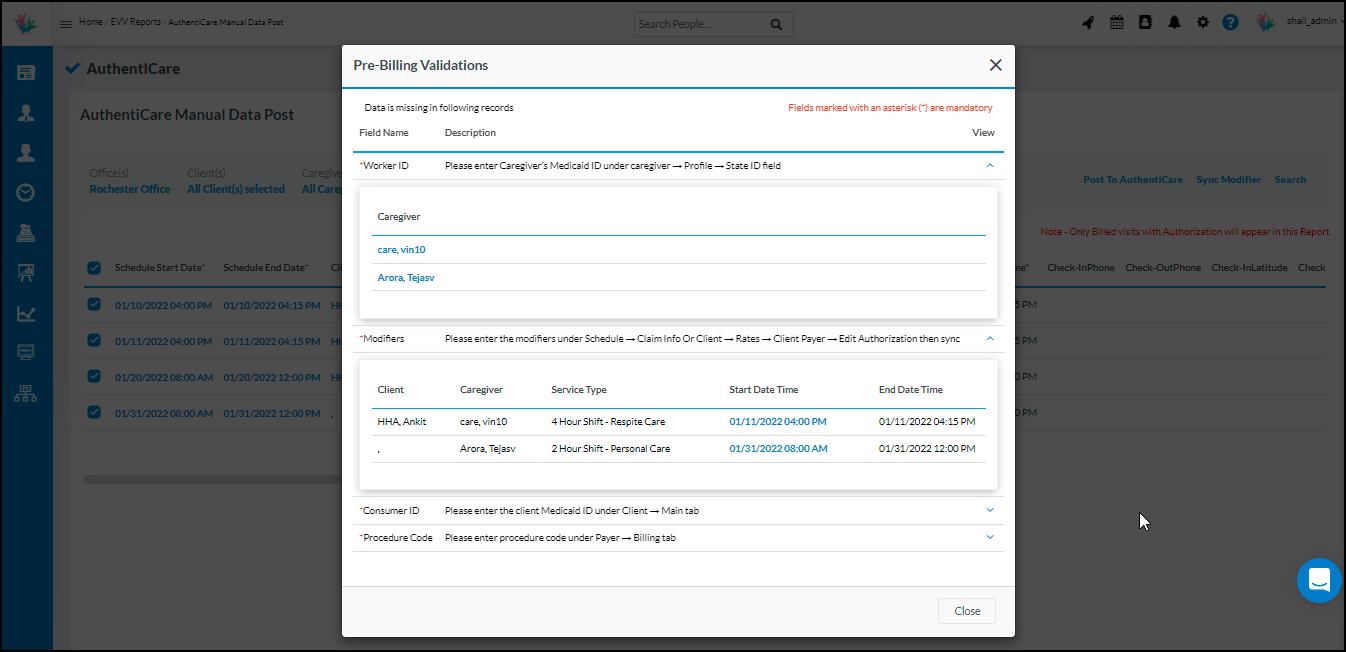 Homecare Pre-billing Validations on the Authenticare Data Post