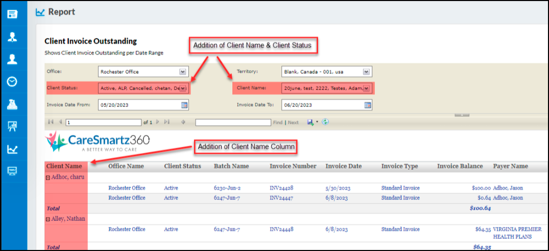 Client Name Column in Client Invoice Outstanding