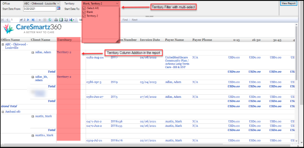Territory Filter Update in “Invoice Aging Grouped by Client” report