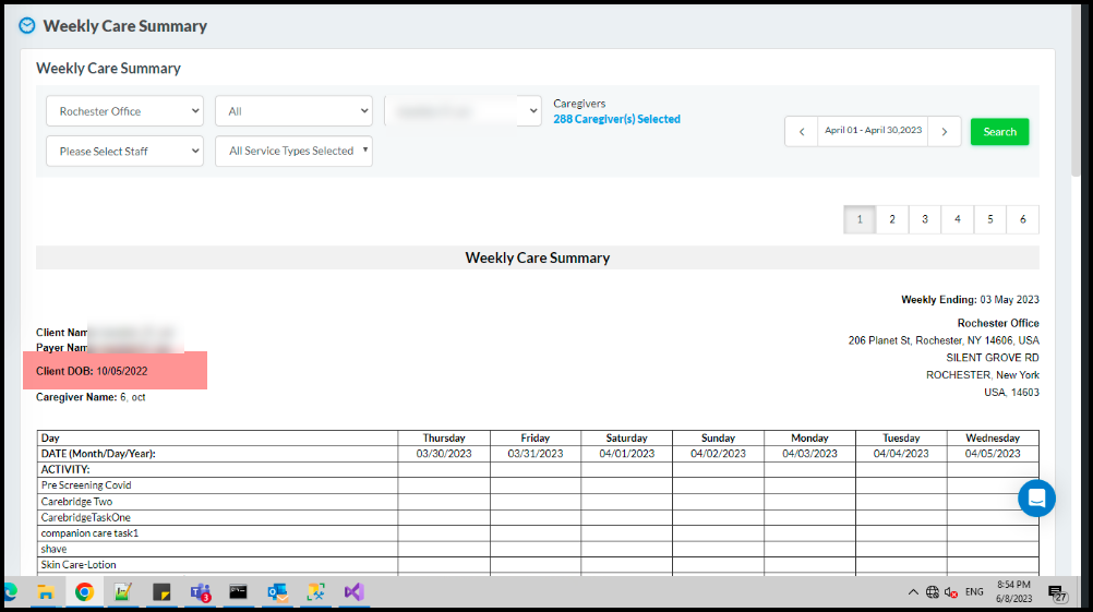Client's Weekly Care Summary Report Update