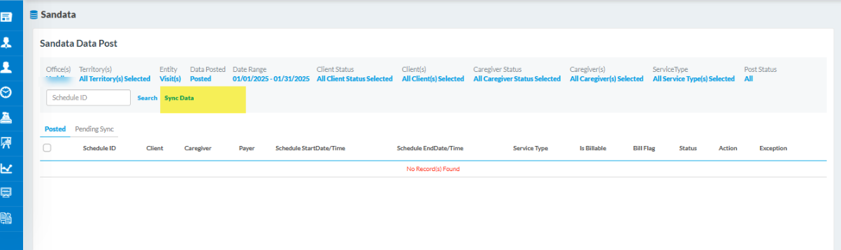 Sync functionality Updates on Sandata data post screen