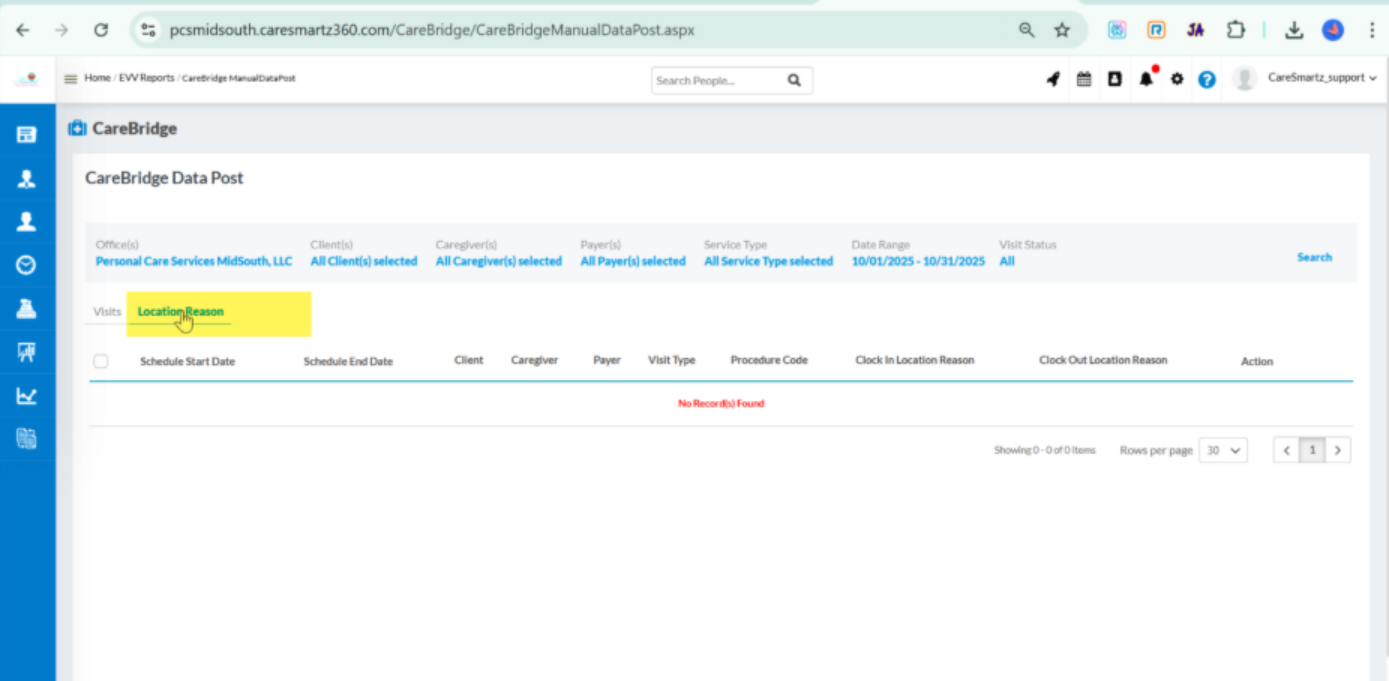 CareBridge screen showing location reason tab for distant visits