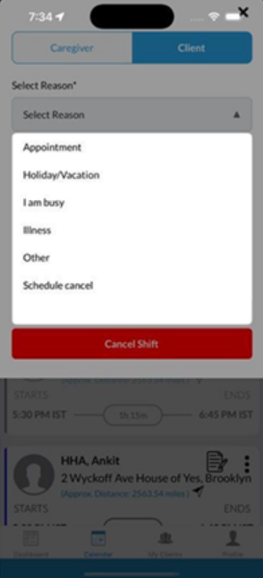 Caregiver shift cancel reason update in mobile app