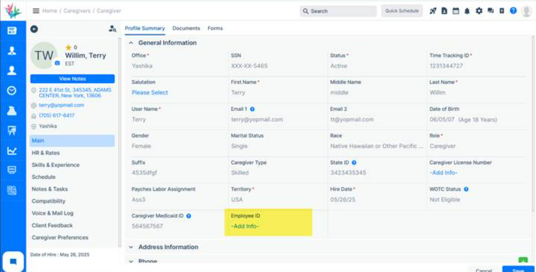New Employee ID field updated in caregiver profile