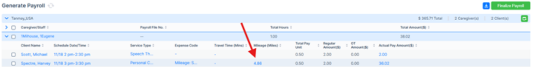 Update showing mileage applied in payroll