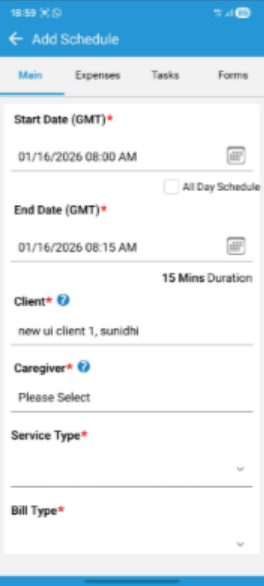 Updated add schedule screen showing client time zone