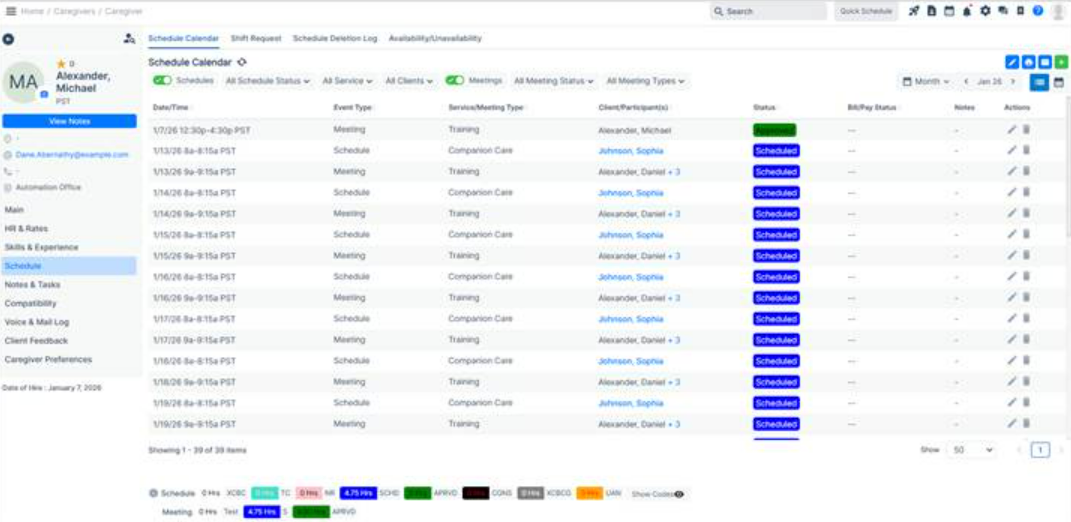 Updated list view showing schedules and meetings in the agency portal