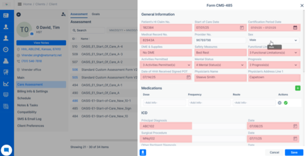 Updated CMS-485 form with automatically filled information
