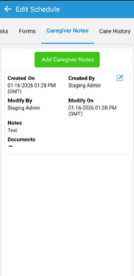 Updated caregiver notes showing client time and time zone