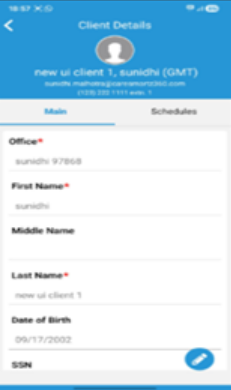 Updated client details showing time zone