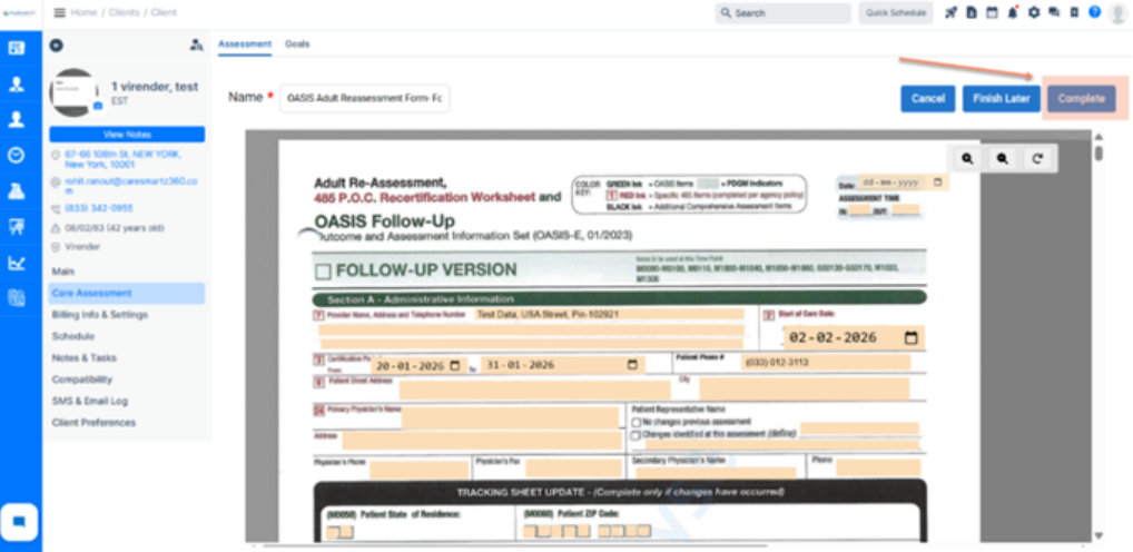 Updated assessment screen used for document creation