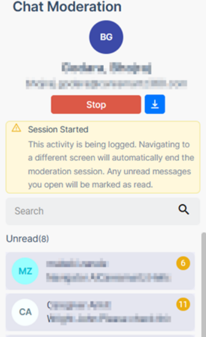 Chat moderation read-only session view and chat export