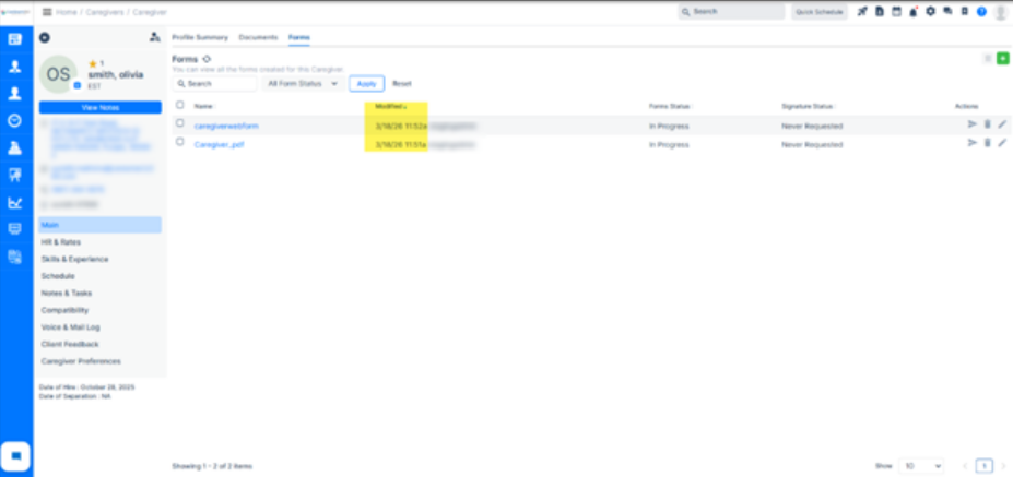 Chronological form sorting feature in home care management system