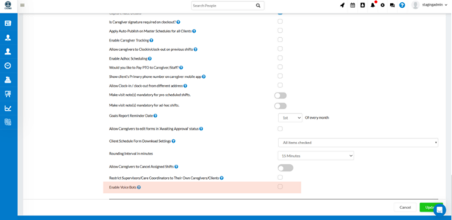 Voice bot enable setting update in home care software