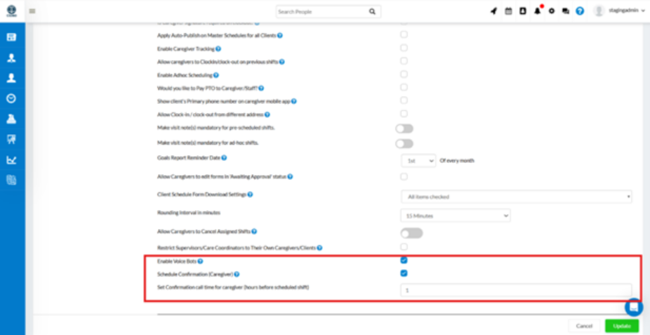 Voice bot shift confirmation setting update in home care software