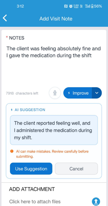 New AI rephrased note preview update in the Caregiver Mobile App