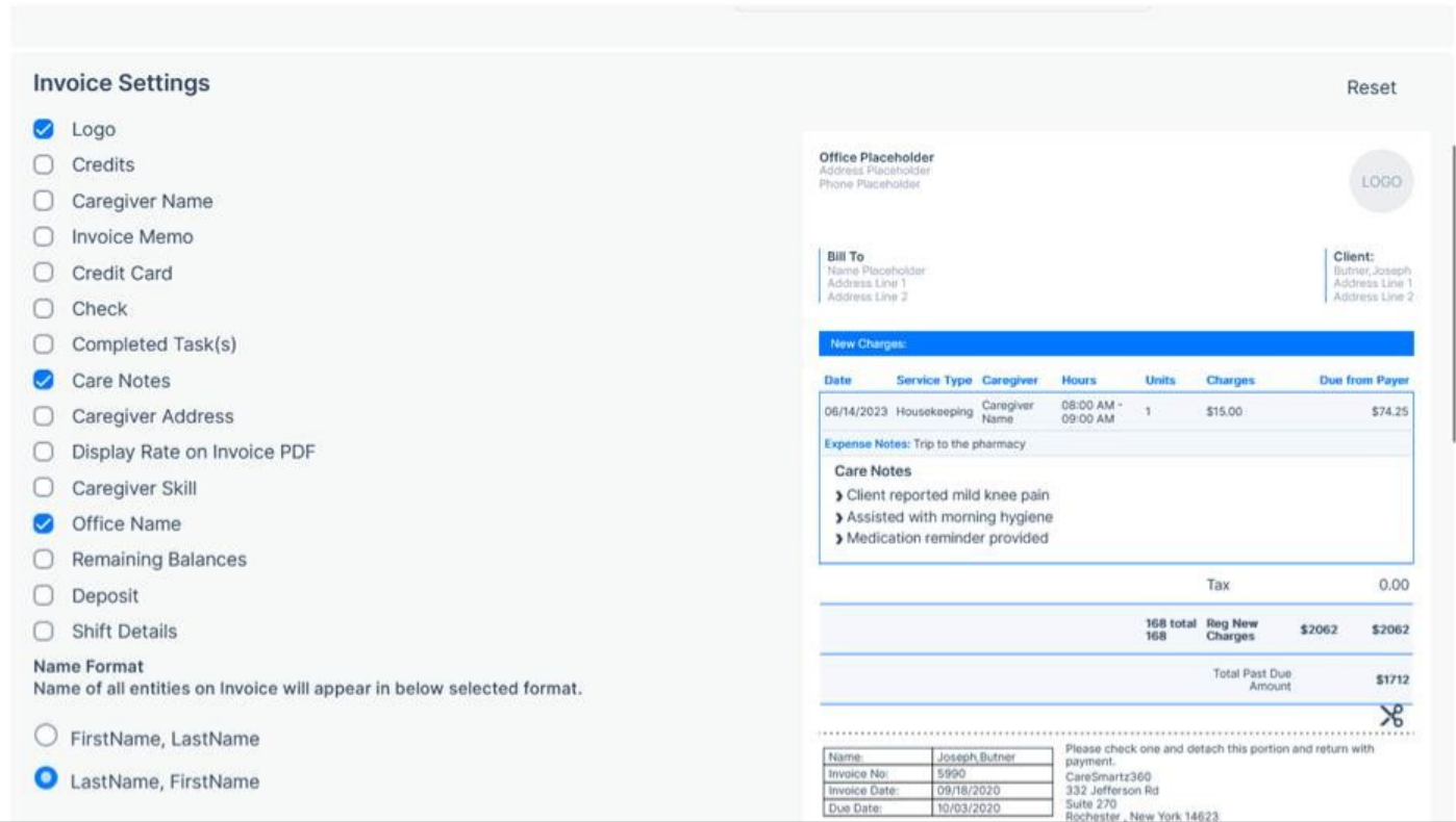 Care notes preview update in invoices in the CareSmartz360 Agency Portal