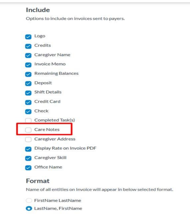 Care notes invoice setting update in the Agency Portal