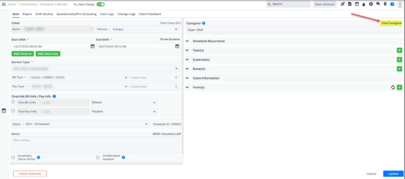 Find caregiver option update in the Agency Portal schedule window