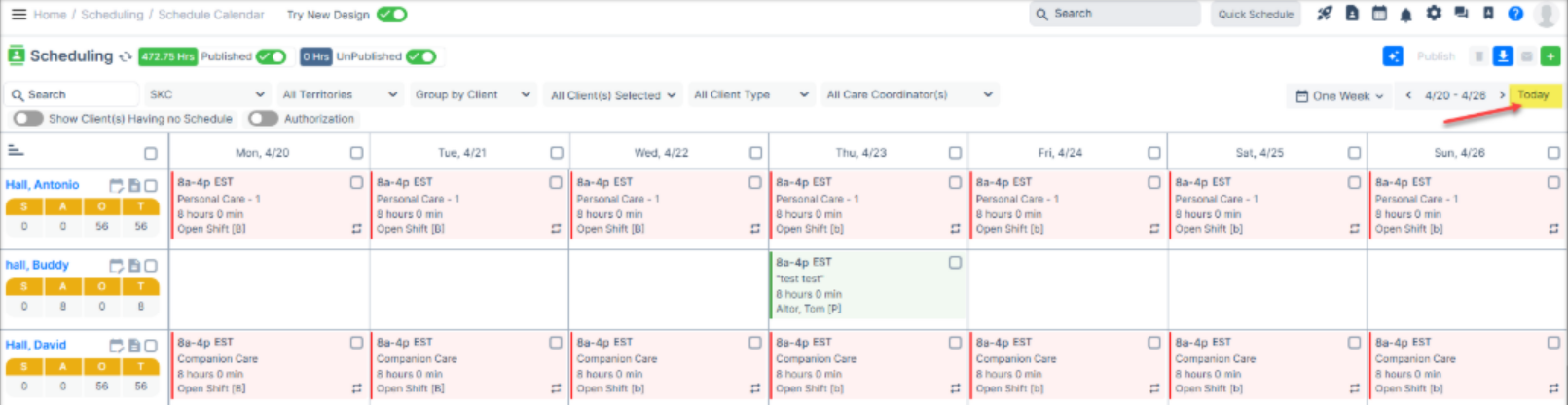 Today button update in the Agency Portal schedule calendar