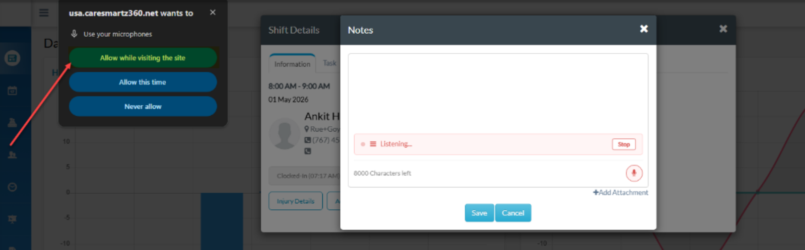 Microphone permission for voice-to-text notes in the Caregiver Portal