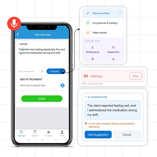 AI-assisted care notes feature in the CareSmartz360 caregiver mobile app