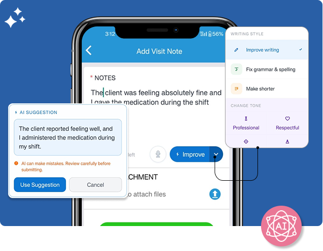 CareSmartz360 AI-assisted notes writing feature