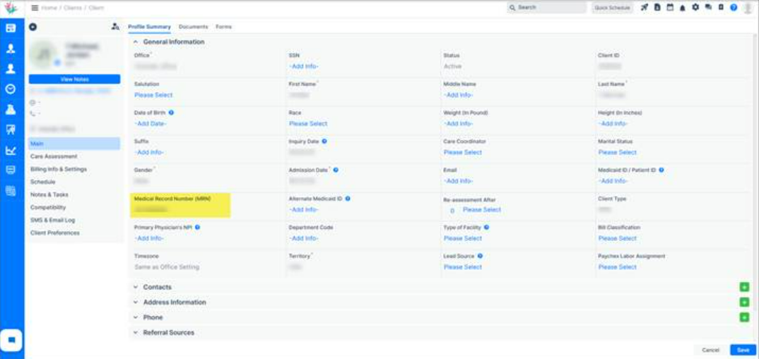 Client profiles updated with a Medical Record Number field