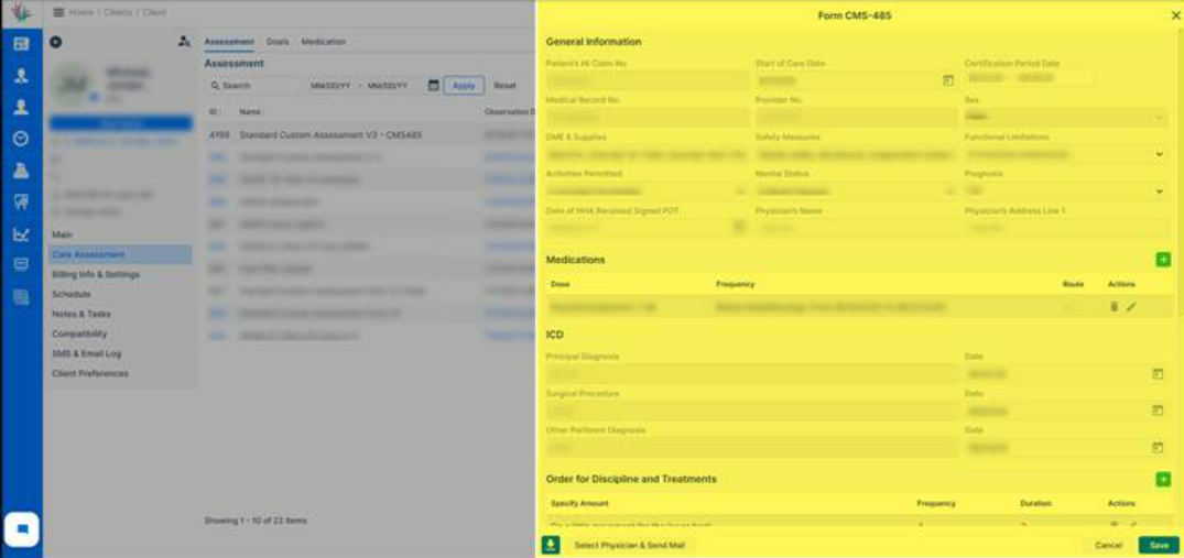 CMS-485 assessments updated with care plan, treatment, and signature fields