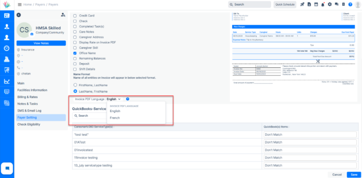 Payer-level invoice language support in home care billing software