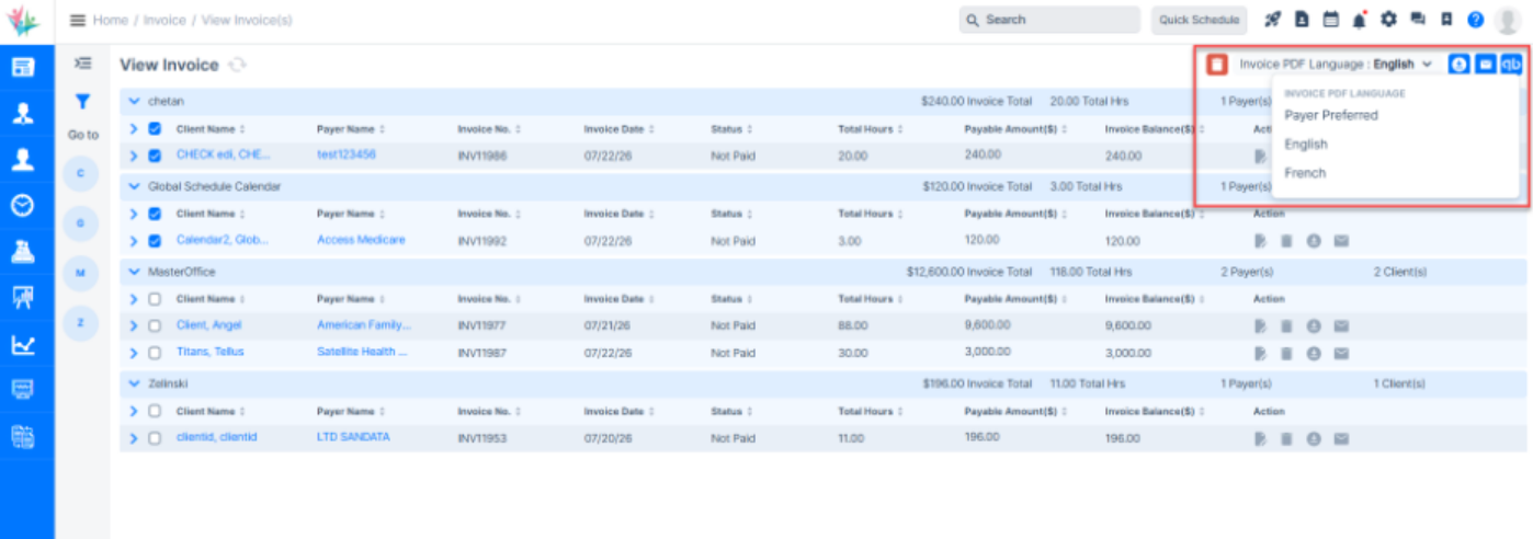 CareSmartz360 adds invoice PDF language selection during download