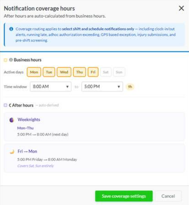 Staff notification coverage settings with business hours