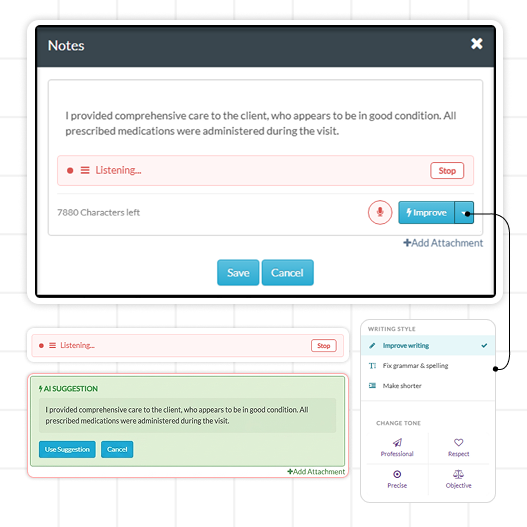 Voice-to-text & AI-assisted notes in the CareSmartz360 caregiver portal