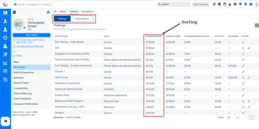 Training records updated with default sorting by latest completion date