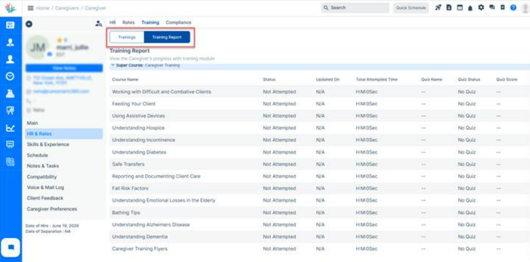 Training section updated with expanded record view and separate training tabs.