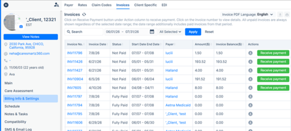 New view of all outstanding client invoices in the CareSmartz360 Agency Portal