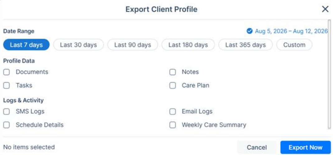 Client profile data export feature in the CareSmartz360 Agency Portal