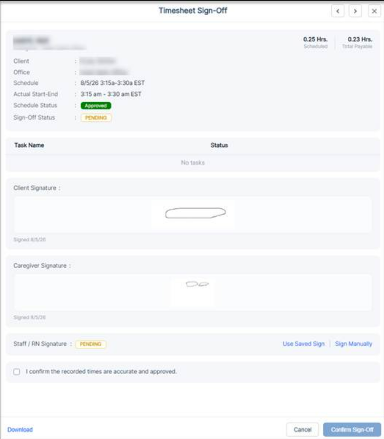 New individual caregiver timesheet review and sign-off in the CareSmartz360 Agency Portal